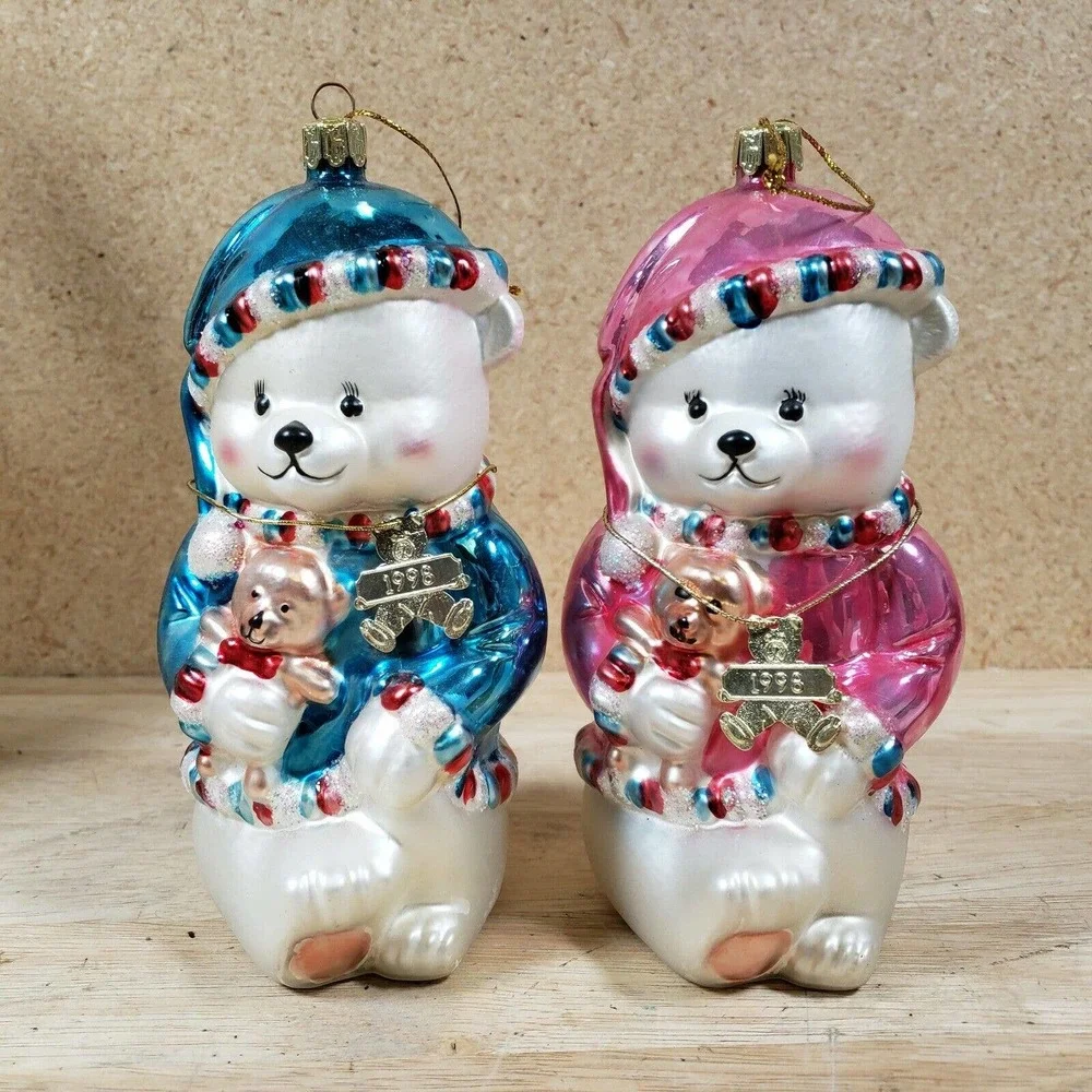 Lot 2 Santa's Best Cubby‎ Bears European Glass Ornament 1998 GIrl Boy Christmas